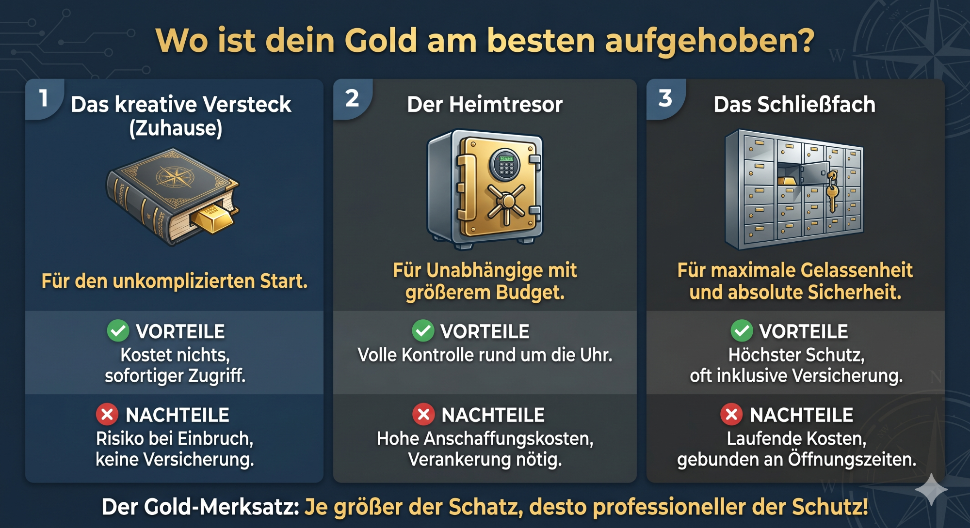 Gold-Lagerung-Matrix-Infografik Infografik „Die Gold-Lagerungs-Matrix“ mit einem Vergleich von Geheimversteck, Heimtresor und Bankschließfach für Einsteiger.