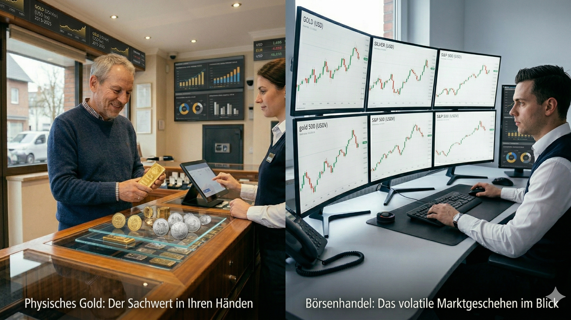 Ein Mann kauft Gold, daneben ein Trader an mehreren Bildschirmen.