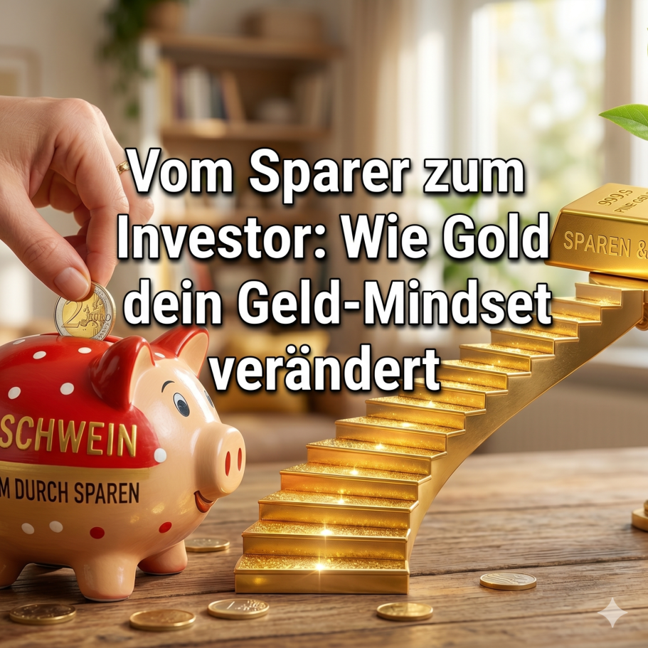 Lektion 53. Schweinekopf-Sparkasse neben goldenen Münzen und Treppenstufen, Titel über Geld-Mindset.