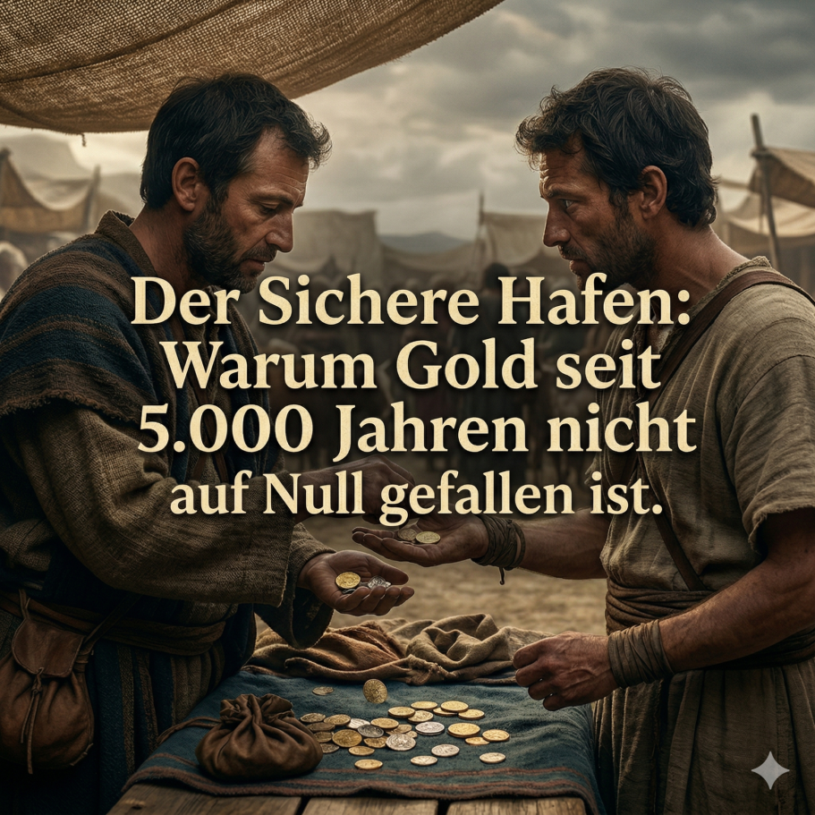 Zwei Männer diskutieren über Gold und dessen Wert in einem historischen Marktsetting.