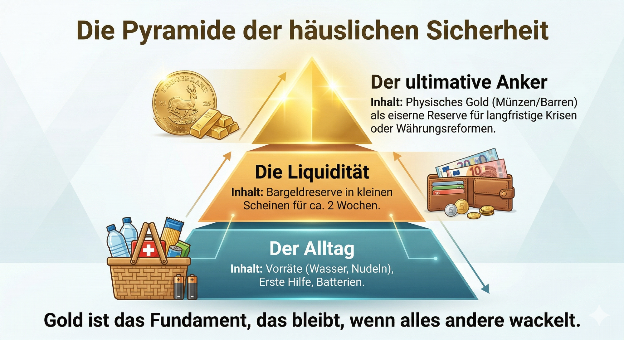Pyramide der häuslichen Sicherheit mit drei Ebenen: Liquidität, Alltag und Gold.