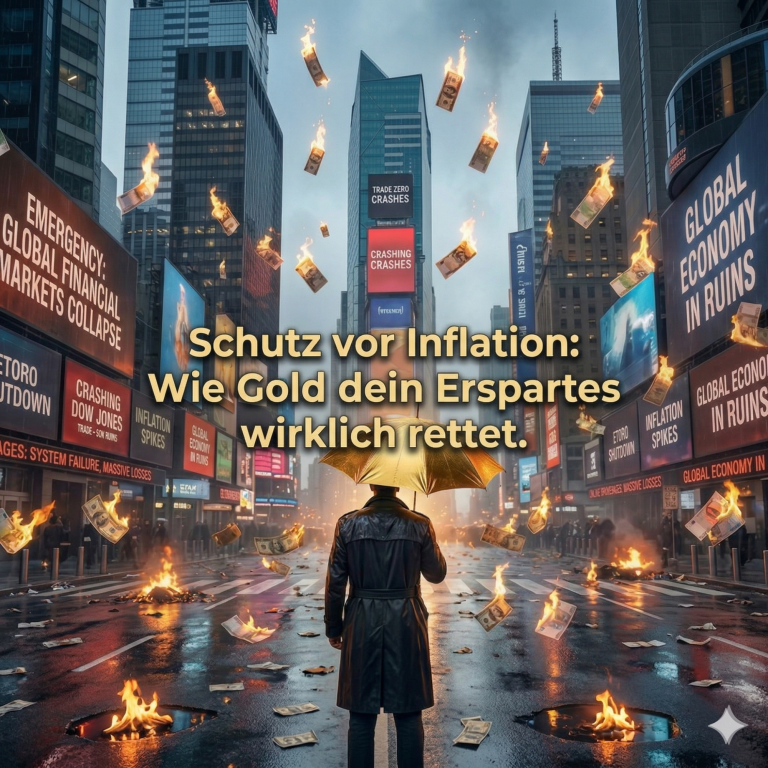 Mann mit Regenschirm steht in einer Stadt, während Geldscheine vom Himmel fallen.