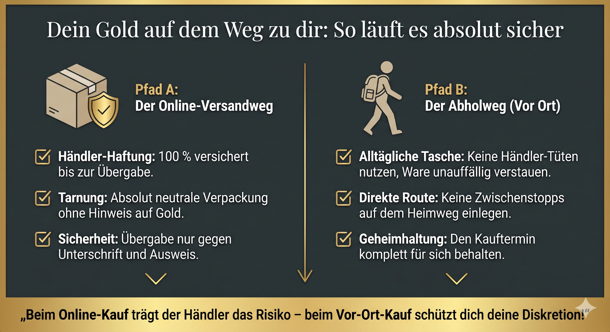Infografik: Gold-Transport – Sicherer Online-Versand vs. Selbstabholung Infografik zum sicheren Gold-Transport mit einem Vergleich zwischen dem versicherten Online-Versandweg und den Verhaltensregeln