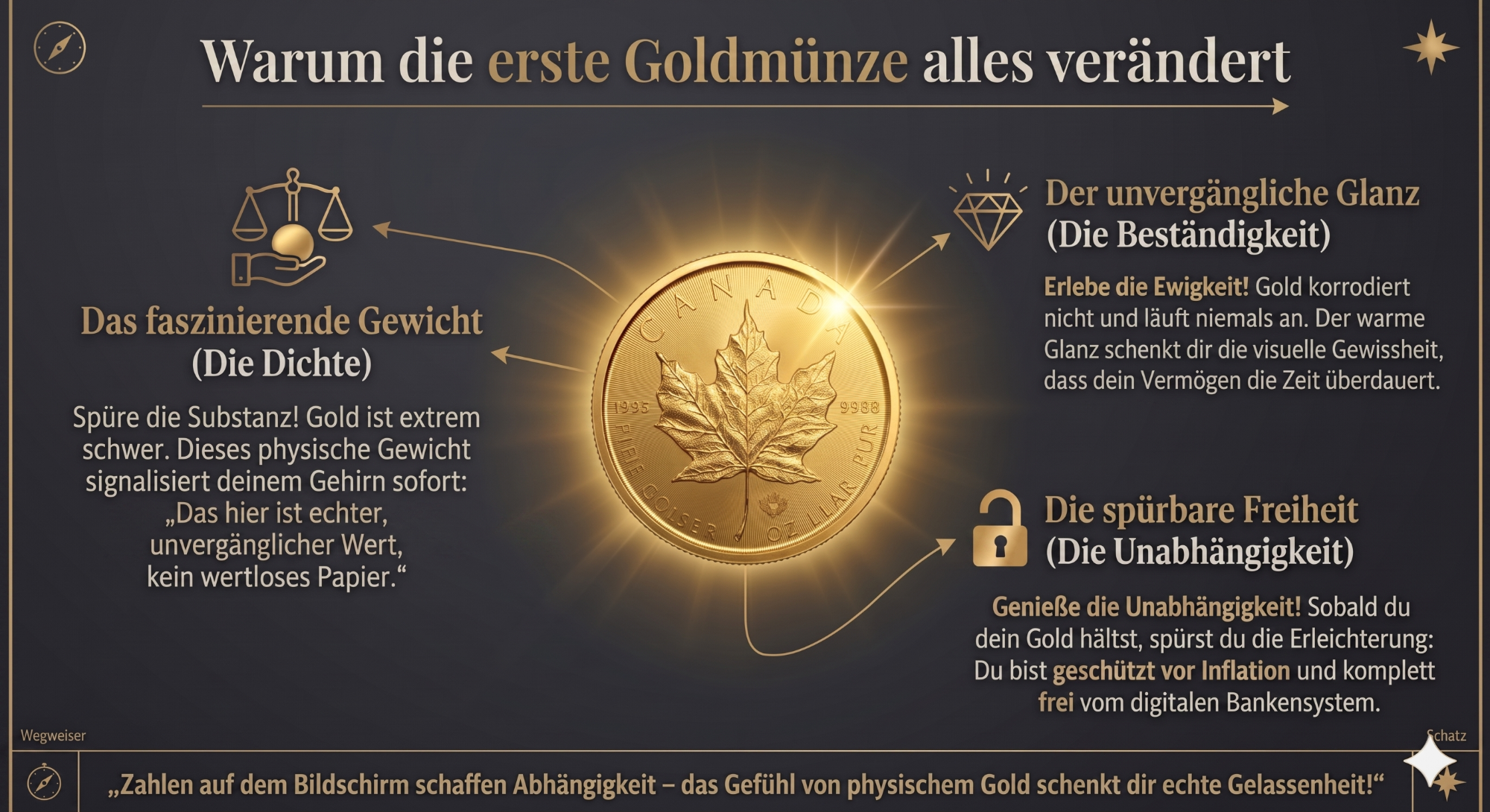 Infografik: Warum die erste physische Goldmünze alles verändert Infografik zur Faszination der ersten Goldmünze (Maple Leaf) mit drei Kernbotschaften auf anthrazitfarbenem Hintergrund: