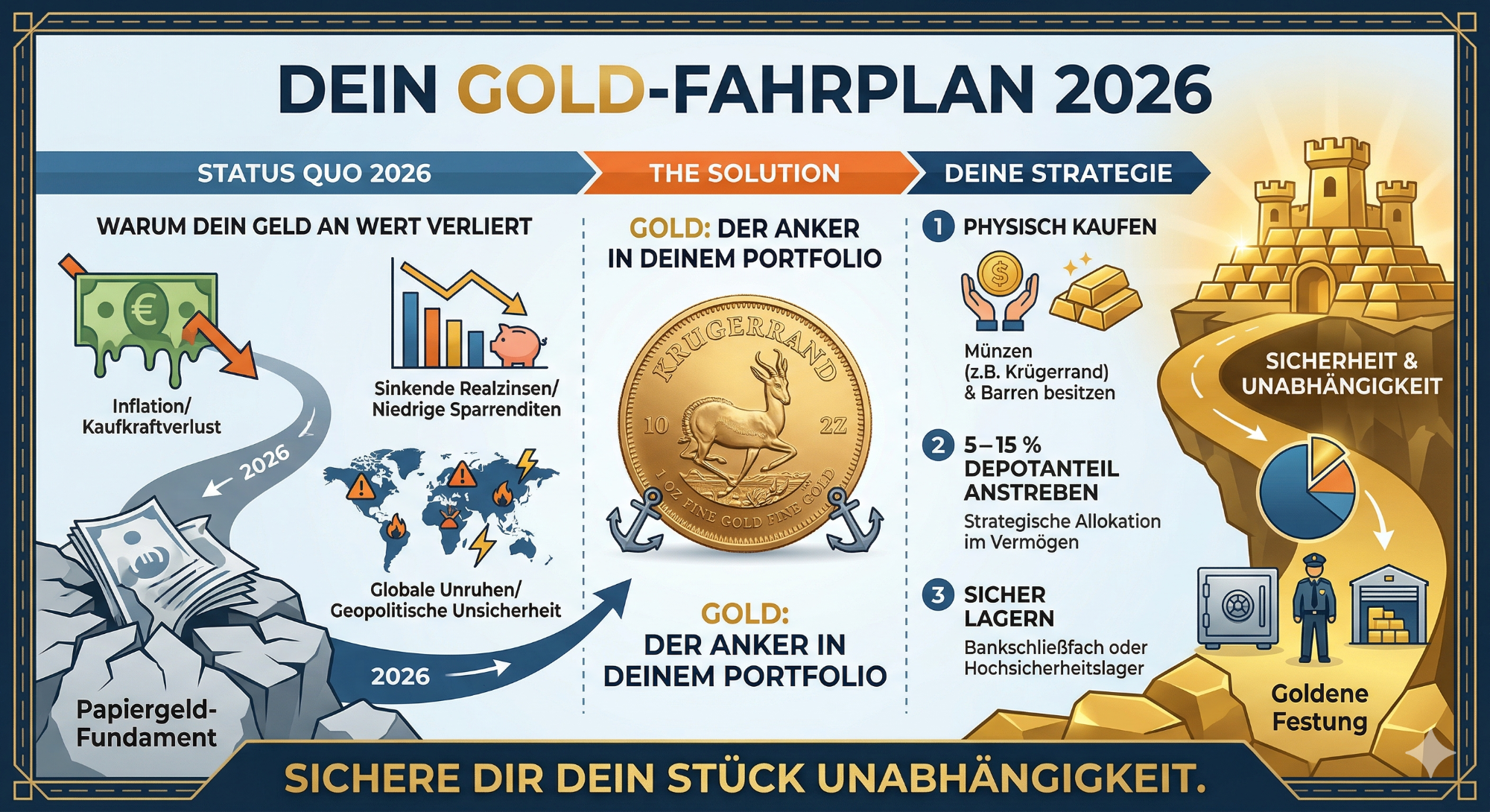 Gold-Fahrplan 2026 mit Diagrammen, Zielen und Symbolen für Investitionen und Portfolio.
