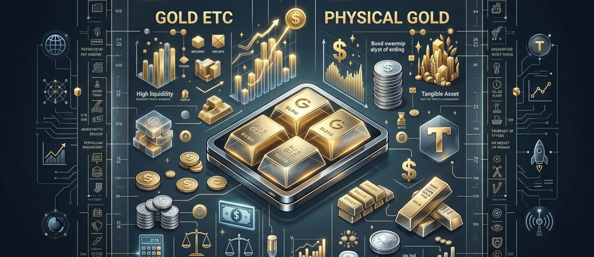 Grafik mit Goldbarren, Diagrammen und Symbolen für Goldinvestitionen.