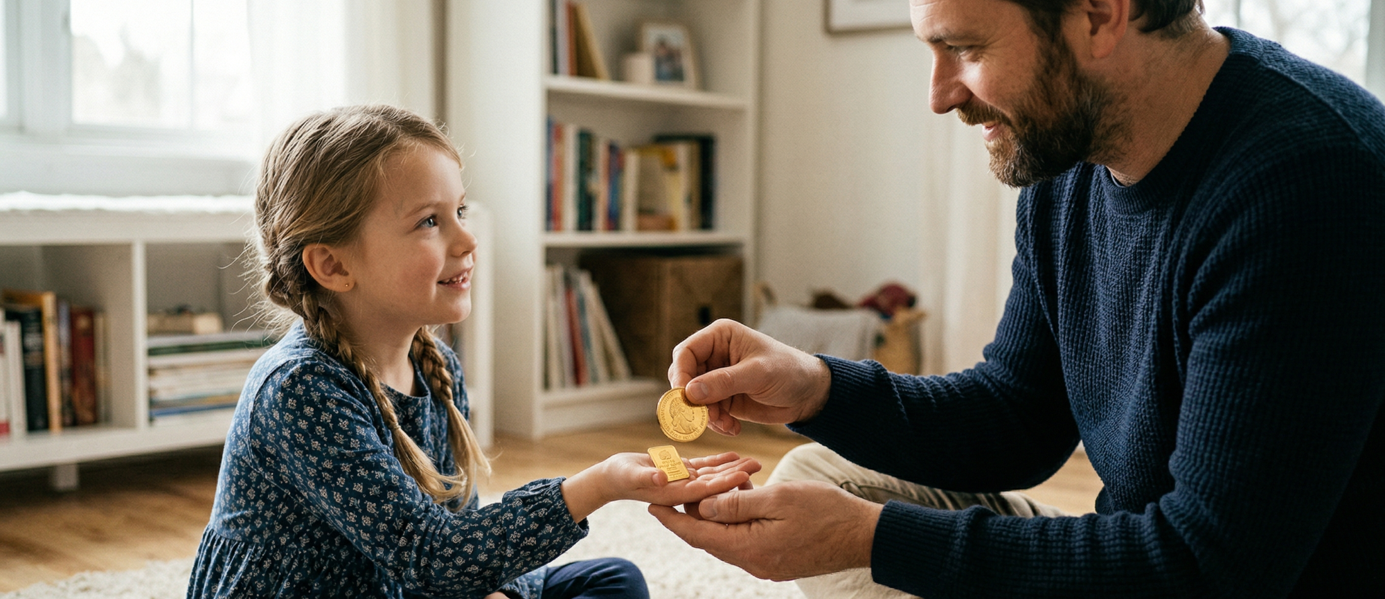 Ein Vater überreicht seiner Tochter eine Goldmünze in einem Wohnzimmer.