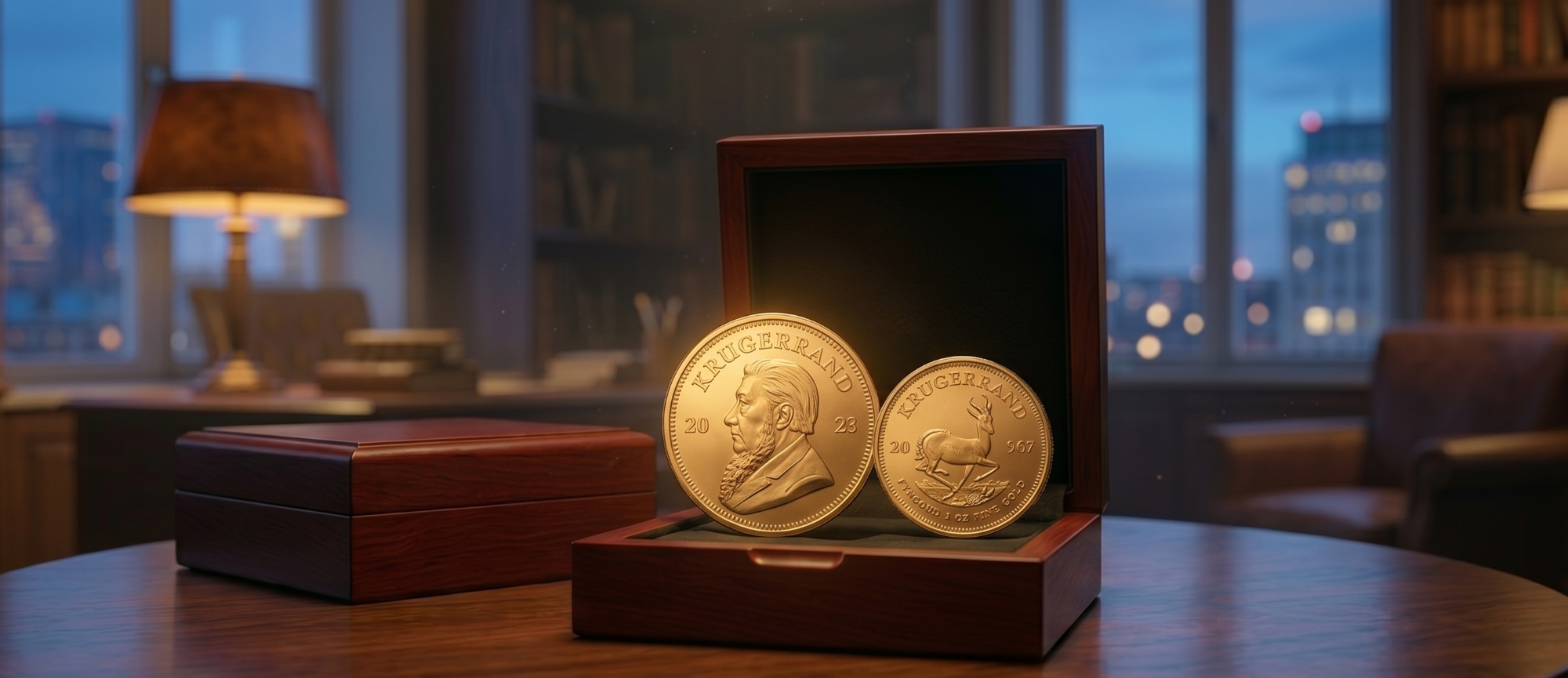 exklusives-gold-investment-insider Detailaufnahme von zwei glänzenden Krügerrand Goldmünzen in einer geöffneten Edelholz-Box, platziert auf einem Tisch