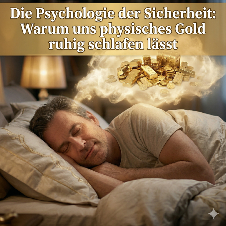 Mann schläft friedlich im Bett, während Gedanken an physisches Gold schweben.