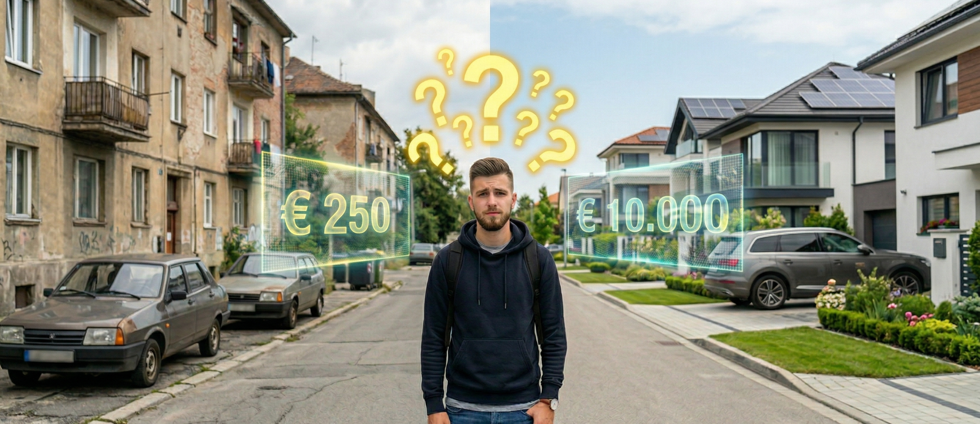 Junger Mann steht unschlüssig in einer Straße, umgeben von Fragezeichen und modernen Häusern.