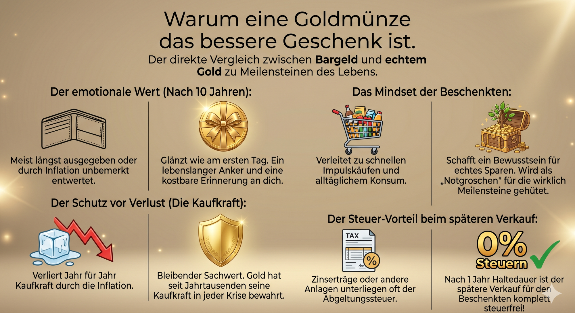 Infografik im Querformat: Warum eine Goldmünze das bessere Geschenk zu Taufe und Hochzeit ist Grafik über Vorteile von Goldmünzen als Geschenk mit fünf Gründen und dazugehörigen Symbolen.