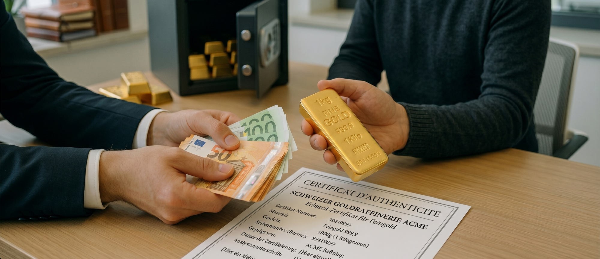 Gold-gegen-Bargeld-tauschen Hände auf einem Holztisch tauschen Euro-Geldscheine gegen einen 1-kg-Goldbarren, daneben liegt ein Echtheitszertifikat