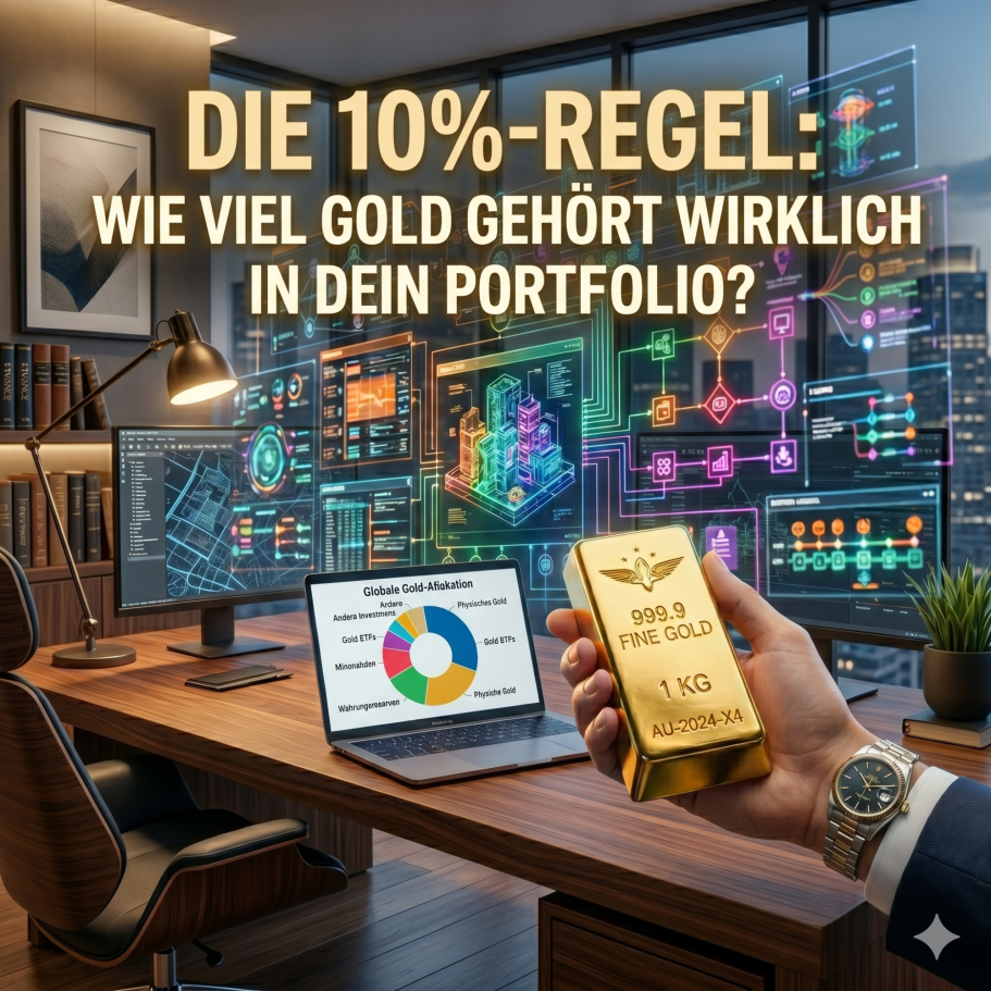 Lektion 31. Ein Goldbarren wird gehalten, umgeben von Finanzgrafiken und einem Diagramm auf einem Laptop.