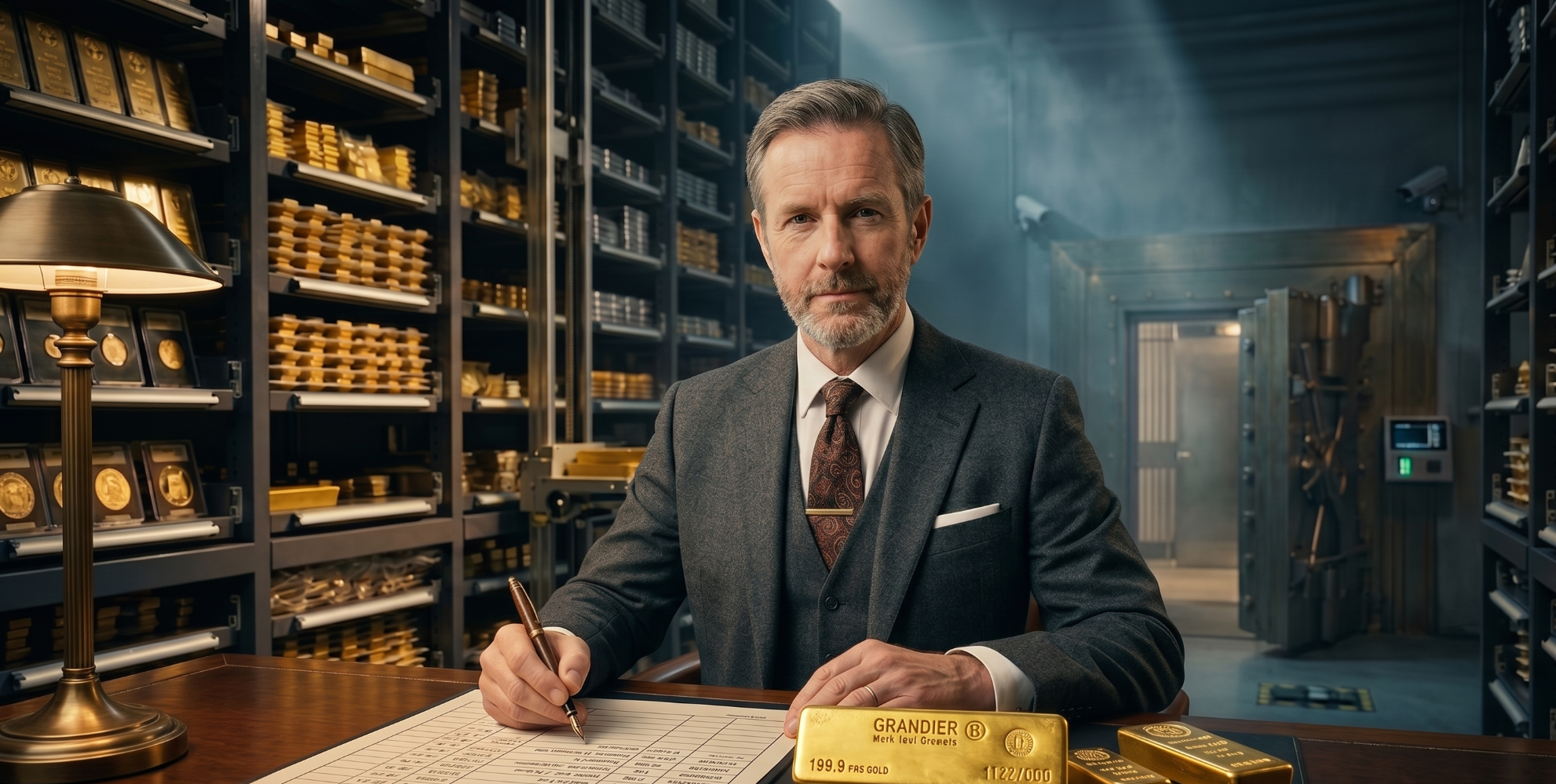 Inventur im Goldtresor Ein eleganter Mann im Anzug sitzt an einem Schreibtisch in einem Tresorraum und führt eine Inventarliste. Vor ihm liegen Goldbarren und Gold