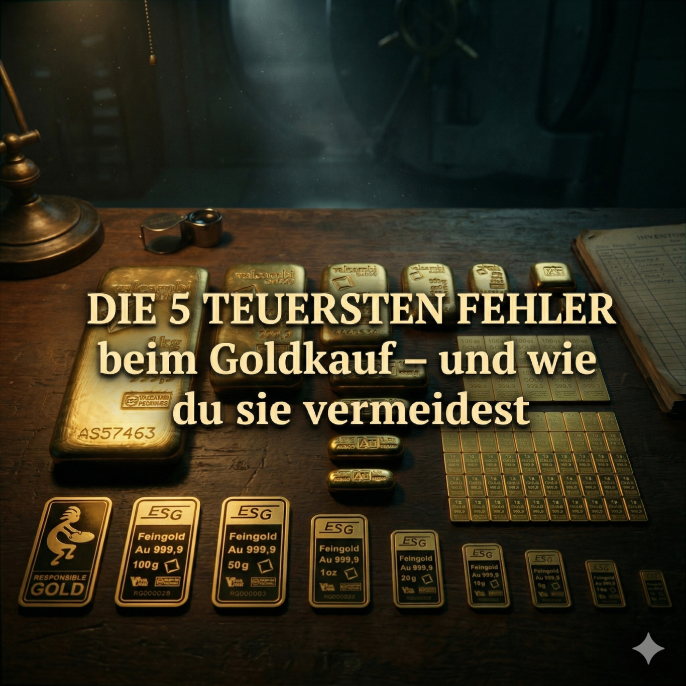 Tisch mit Goldbarren und Text zu Fehlern beim Goldkauf.