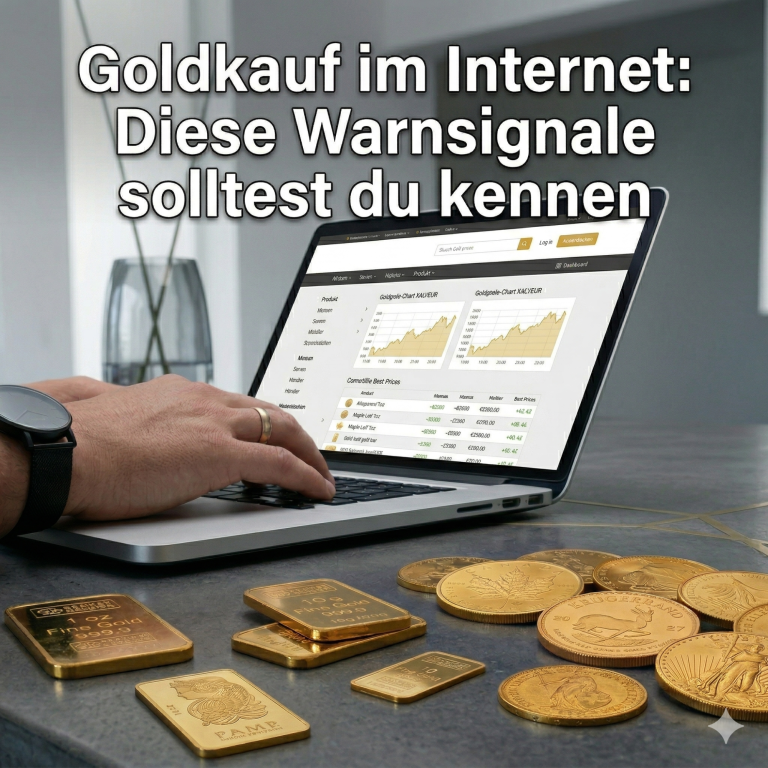 Laptop mit Grafik zu Goldpreisen und Goldbarren auf dem Tisch.