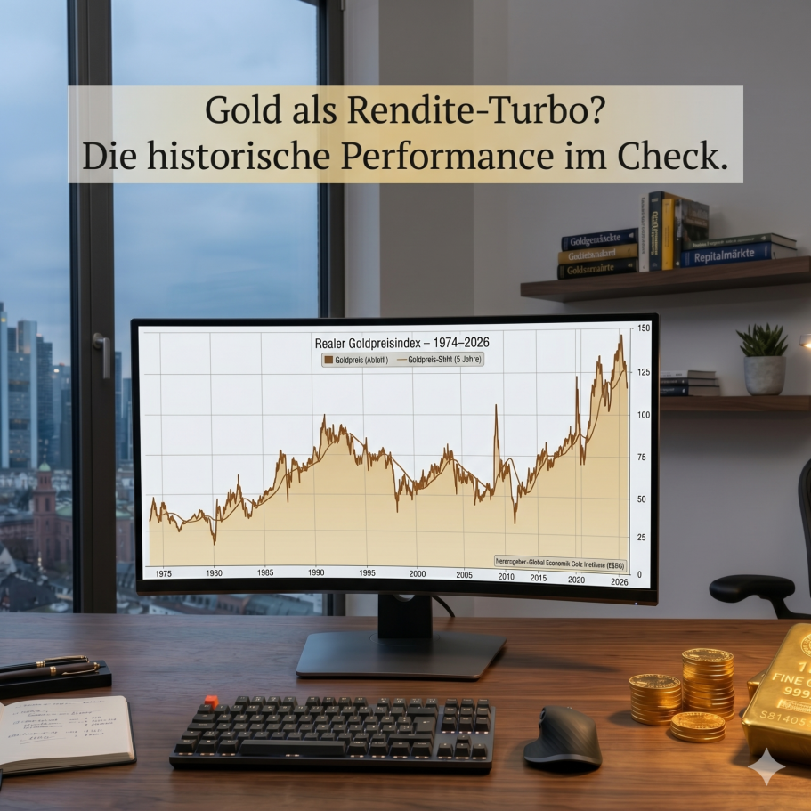 Lektion 32. Grafik zeigt historische Performance von Gold mit Büro-Umgebung im Hintergrund.