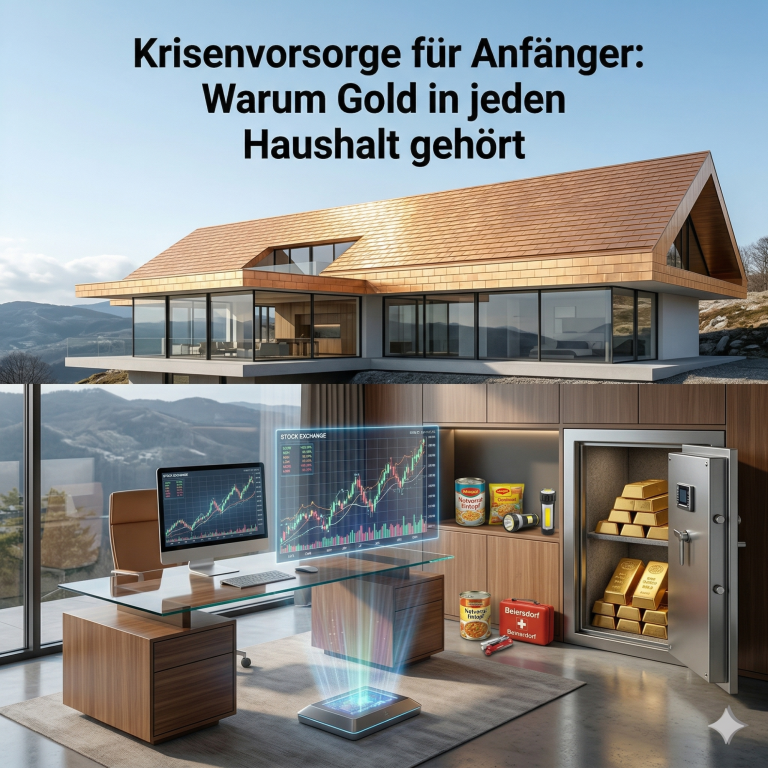 Moderne Bergvilla mit Goldbarren, Aktienchart und Lebensmittelvorrat zur Krisenvorsorge.