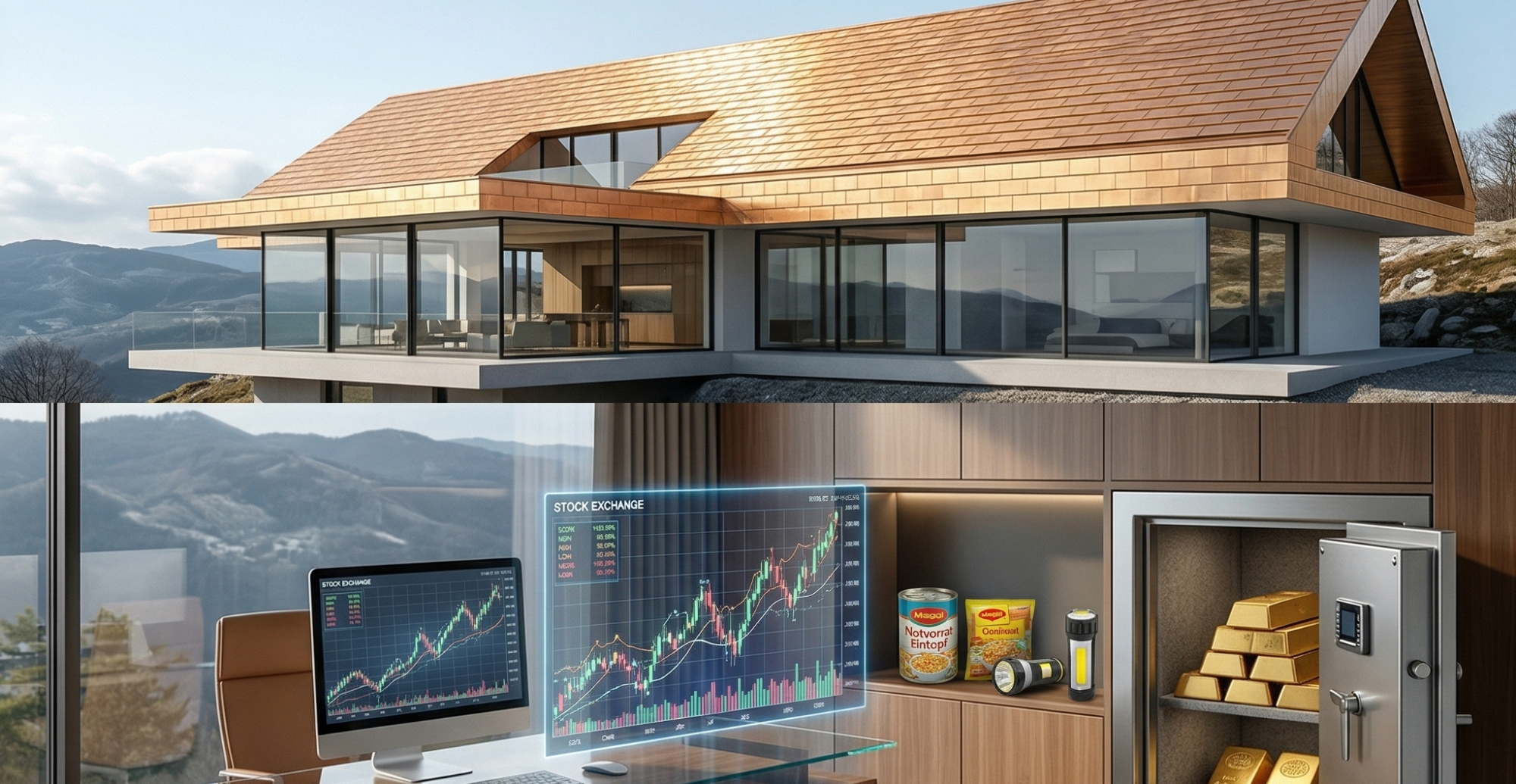 Moderne Architektur mit umlaufenden Fenstern, Geldspeicher und Aktiengrafik im Vordergrund.