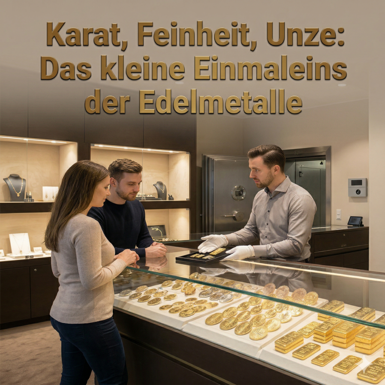 Zwei Kunden beraten sich am Tresen über Edelmetalle in einem Schmuckgeschäft.