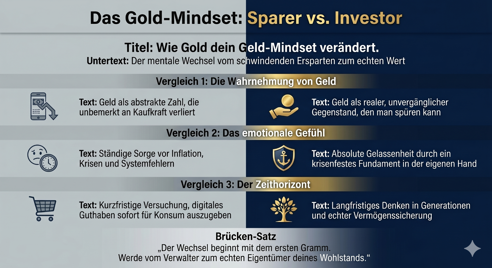 Geld-Mindset im Vergleich: Vom Sparer zum Gold-Investor Diagramm zum Gold-Mindset: Unterschiede zwischen Sparern und Investoren.