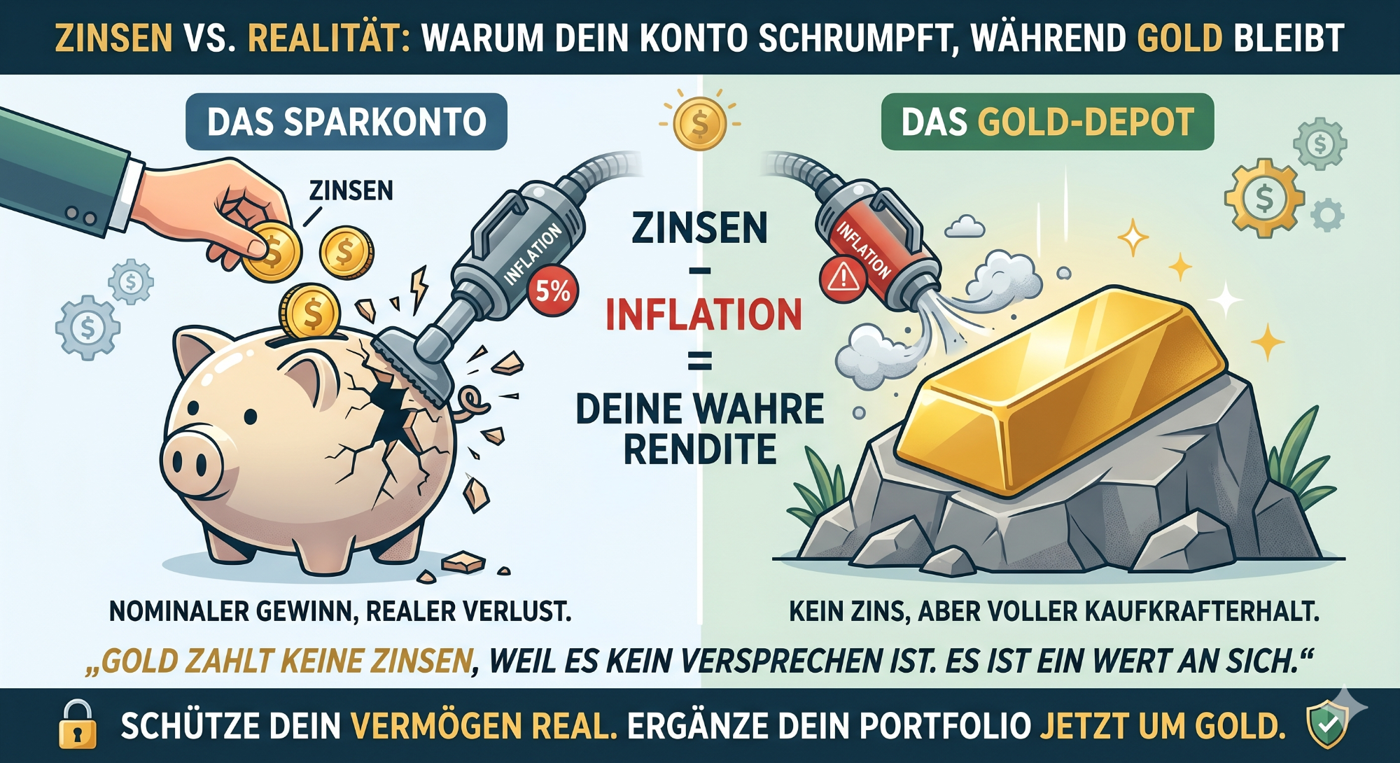 Gold & Zinsen: Warum Gold auch ohne Zinsen ein Muss ist Sparschwein und Goldbarren vergleichen, Inflation und Wertentwicklung thematisiert.