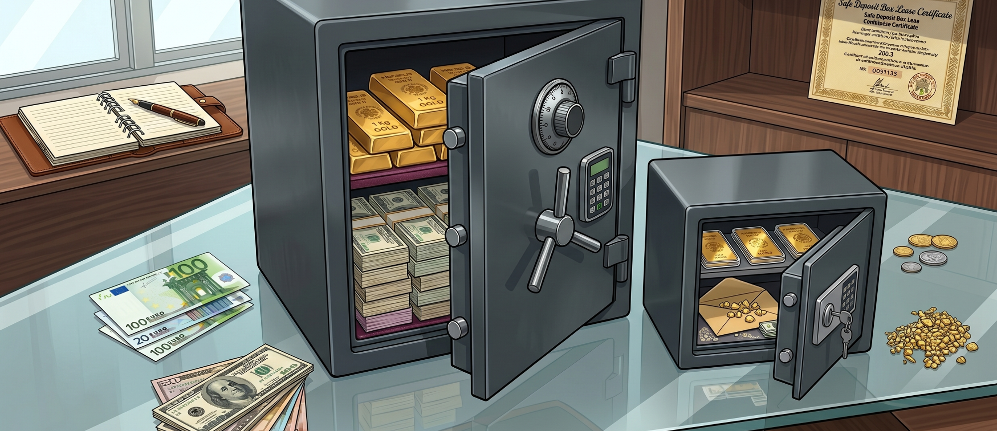Großer-und-kleiner-tresor-mit-Gold-und-Bargeld Cartoon-Illustration eines großen und eines kleinen geöffneten Tresors auf einem Glastisch, gefüllt mit Goldbarren und Geldscheinen.