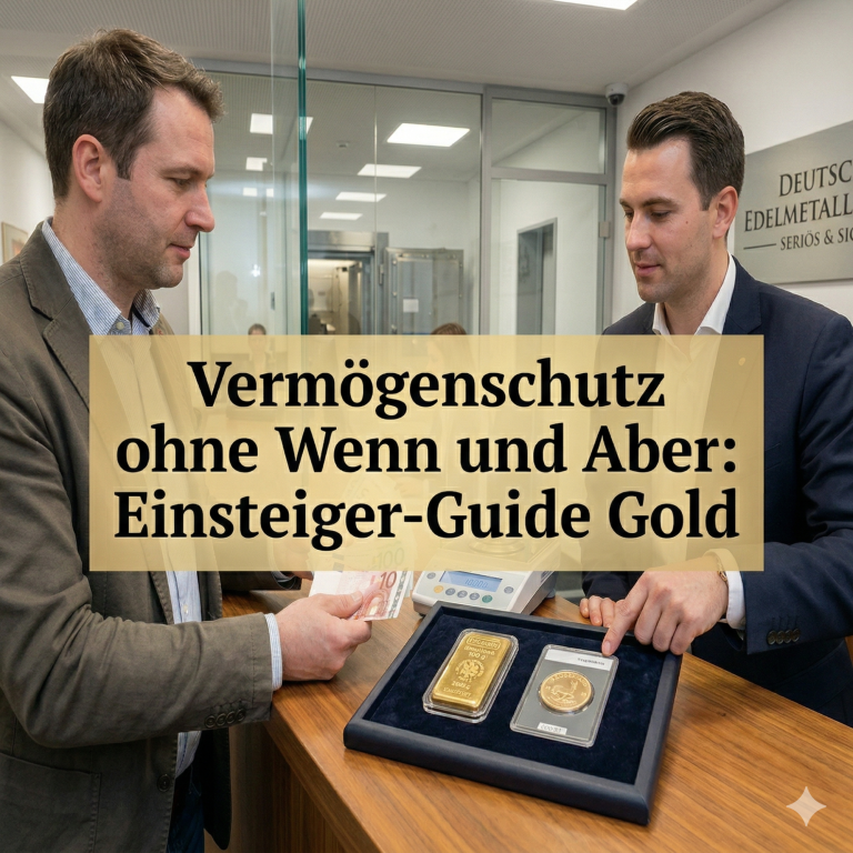 Zwei Männer diskutieren an einem Empfangstresen über Goldanlageprodukte.