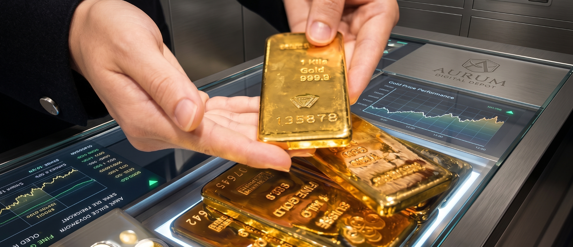 Goldpreis Prognose 2026 Eine Person hält ein Goldbarren über einer Ansammlung weiterer Goldbarren.