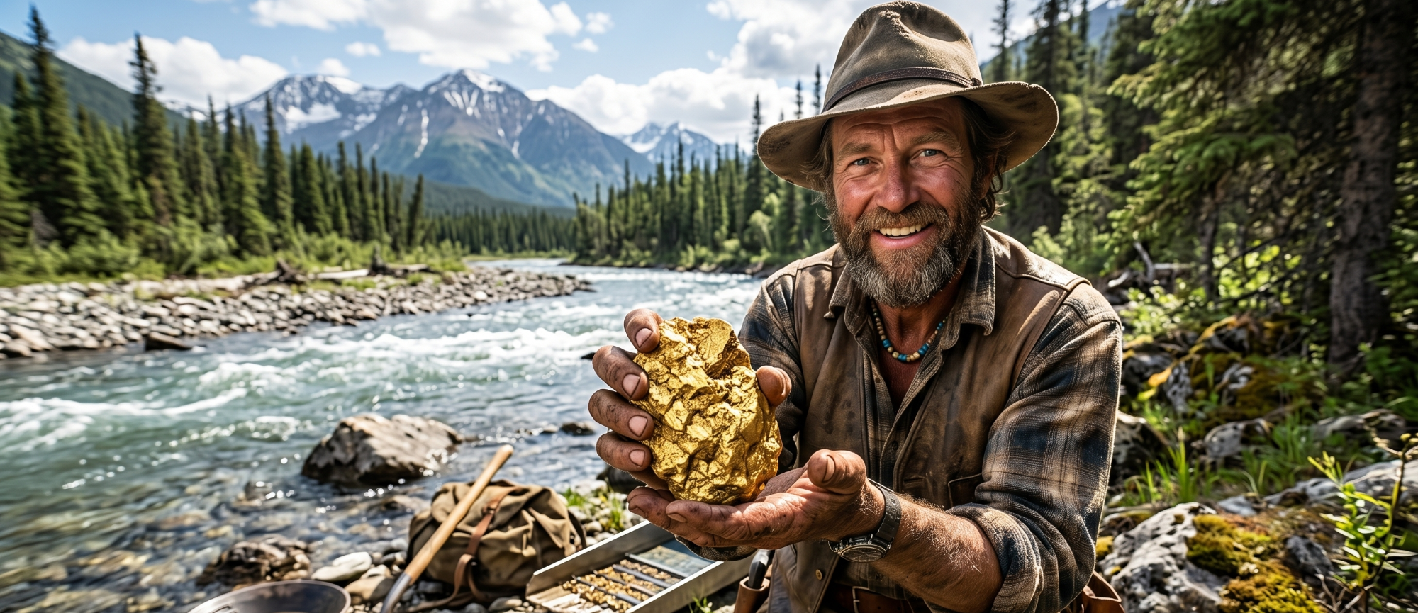 Wohlstand zum Anfassen: Die Ästhetik des Gold-Investments Mann mit Bart hält großen Goldnugget am Fluss in den Bergen.