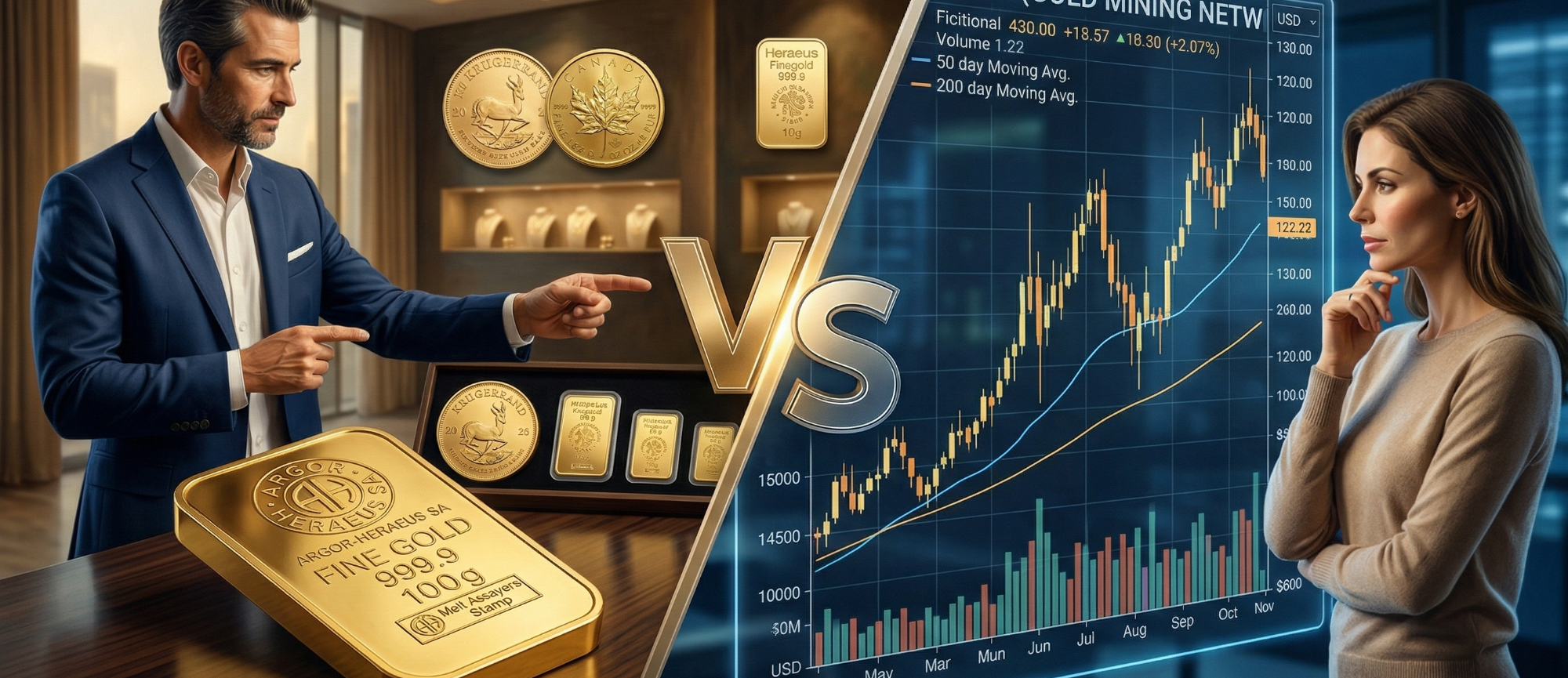 Mann mit Goldbarren steht gegen Frau mit Diagramm und Aktienkursen.
