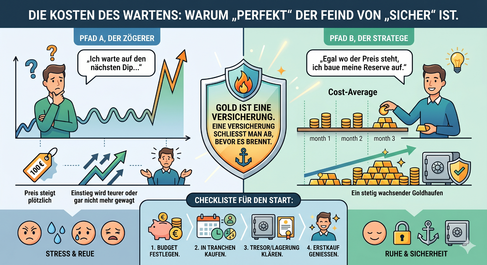 Gold investieren Einsteiger Infografik über Kosten und Risiken beim Warten auf bessere Bedingungen in der Finanzplanung.