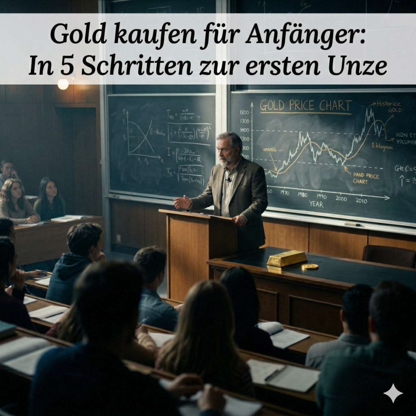 Ein Dozent erklärt das Thema "Gold kaufen für Anfänger" vor einer Klasse.