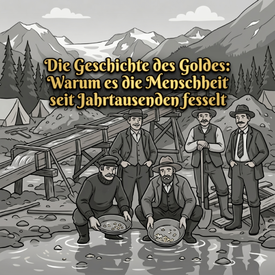 Lektion 55. Fünf Männer stehen am Fluss mit Goldwaschgeräten, umgeben von Bergen und Zelten.