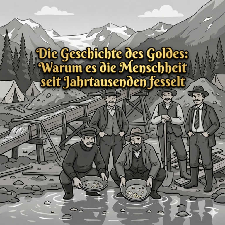 Die Faszination des Goldes: Prospectoren am Rande der Zivilisation Vier Männer stehen am Fluss und schürfen Gold in einer historischen Landschaft.