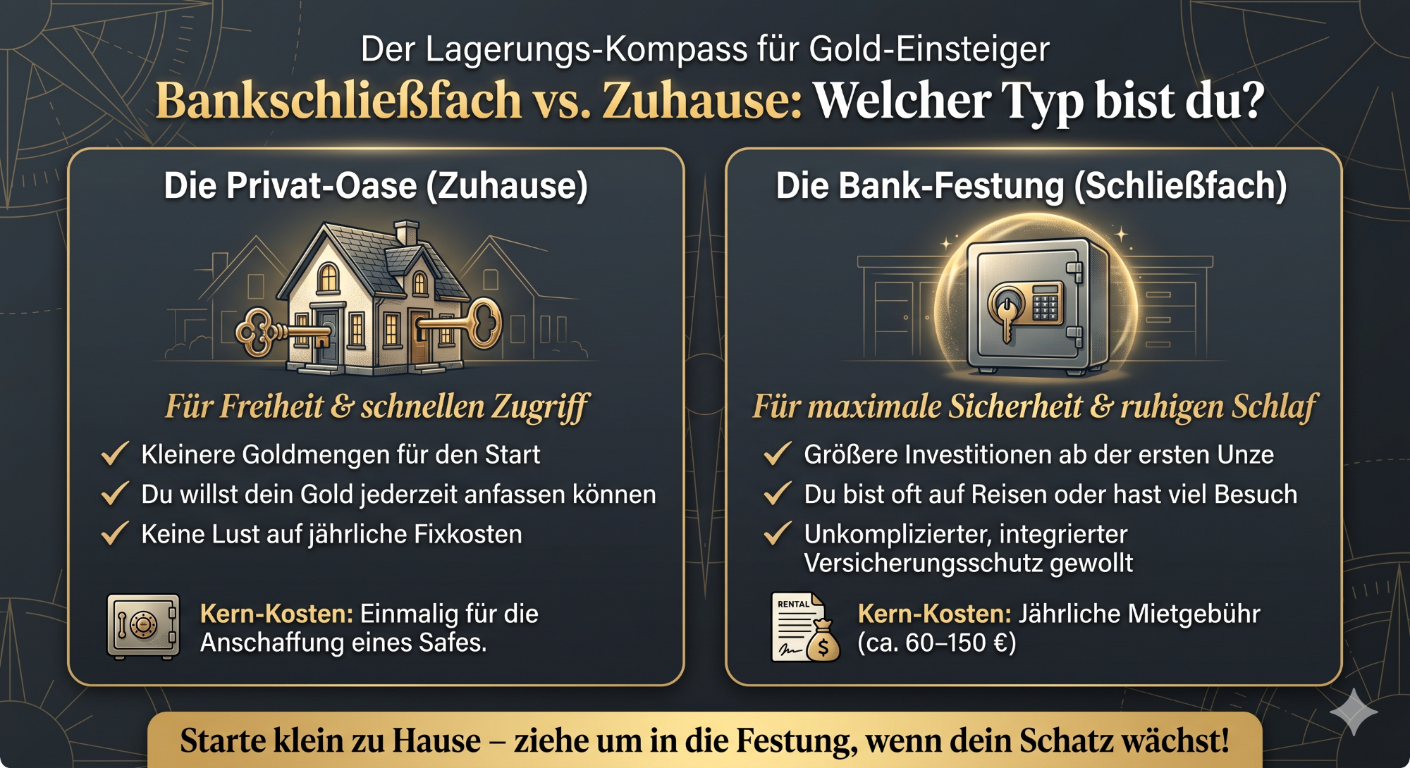 Infografik: Goldlagerung im Vergleich – Zuhause vs. Bankschließfach Übersicht zum Goldlagerungs-Kompass für Einsteiger. Ein Vergleich zwischen Privatlagerung zu Hause mit Vorteilen wie Flexibilität
