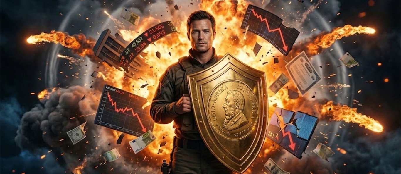 Mann mit Schild vor explosivem Hintergrund, der Grafiken und Daten darstellt.