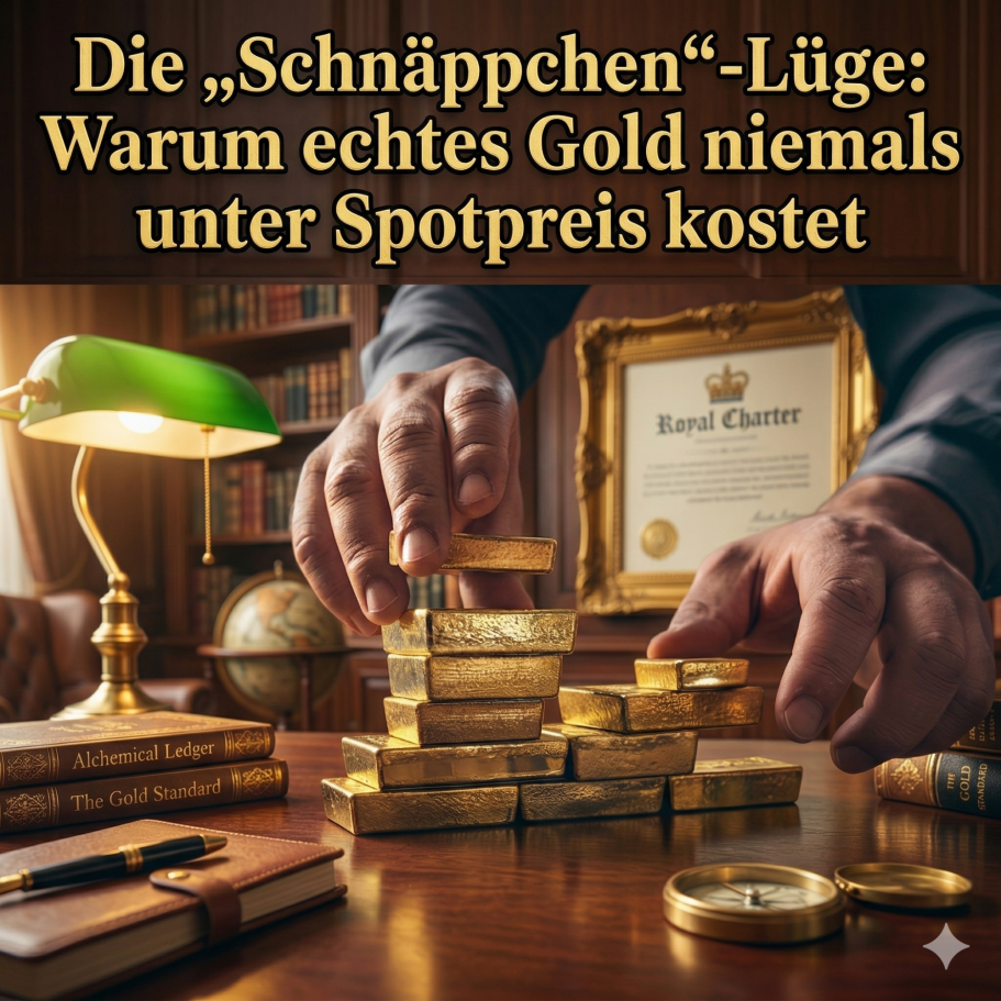 Hände greifen nach Goldmünzen auf einem Tisch mit einer Goldurkunde im Hintergrund.