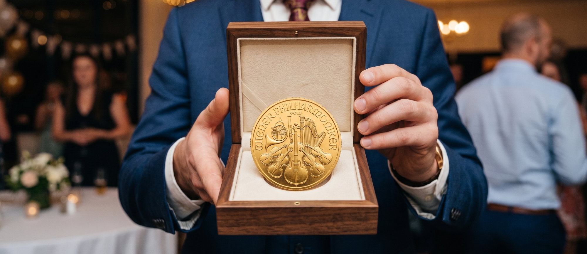 Wertvolles Geschenk: Die Wiener Philharmoniker Goldmünze als Highlight einer Feier Nahaufnahme einer eleganten Holzschachtel, die von einem Mann im blauen Anzug gehalten wird. Darin liegt eine große, Wiener Philharmoniker