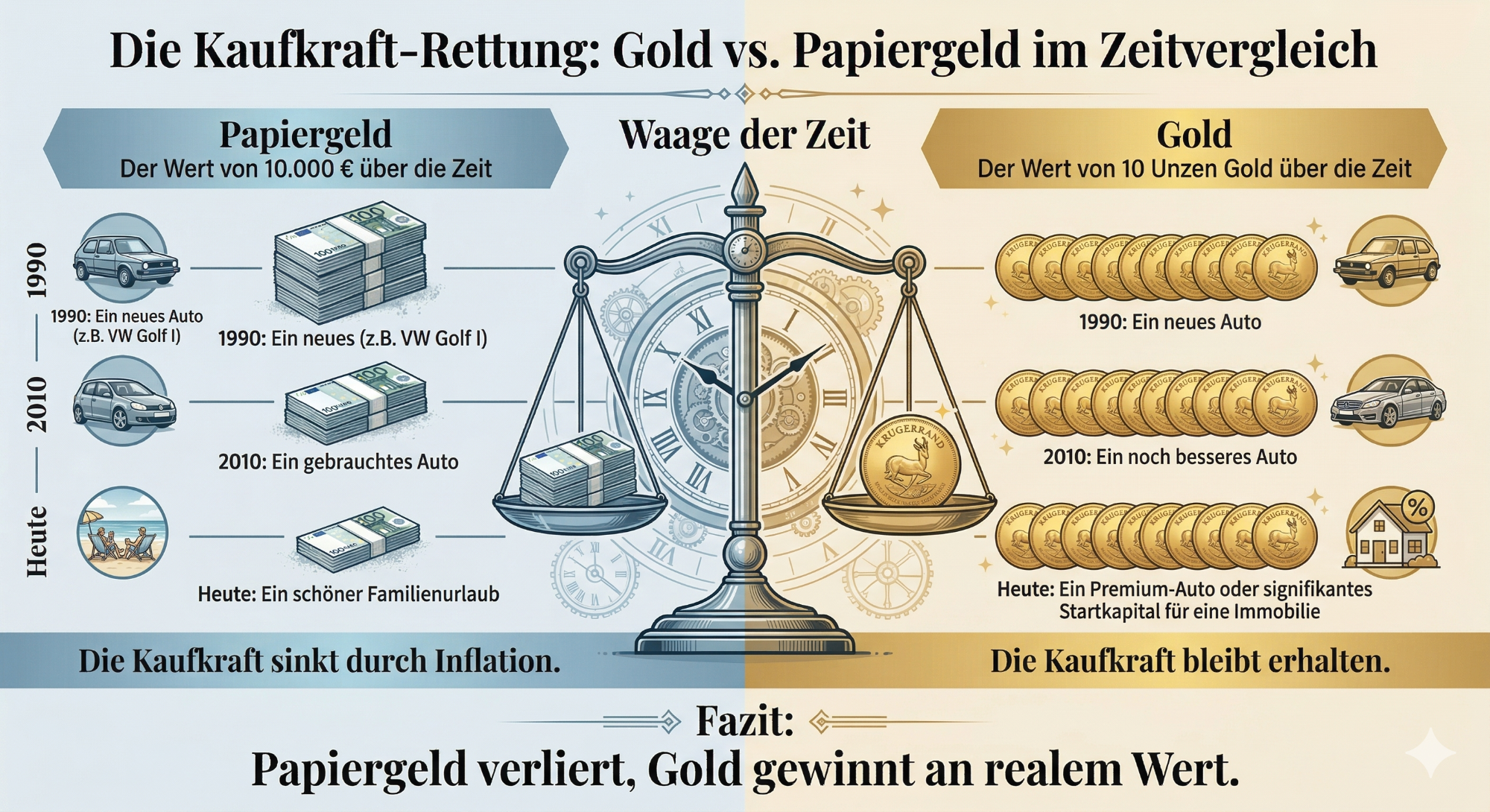 Vergleich zwischen Papiergeld und Gold in Bezug auf Zahlungsmittelwert.