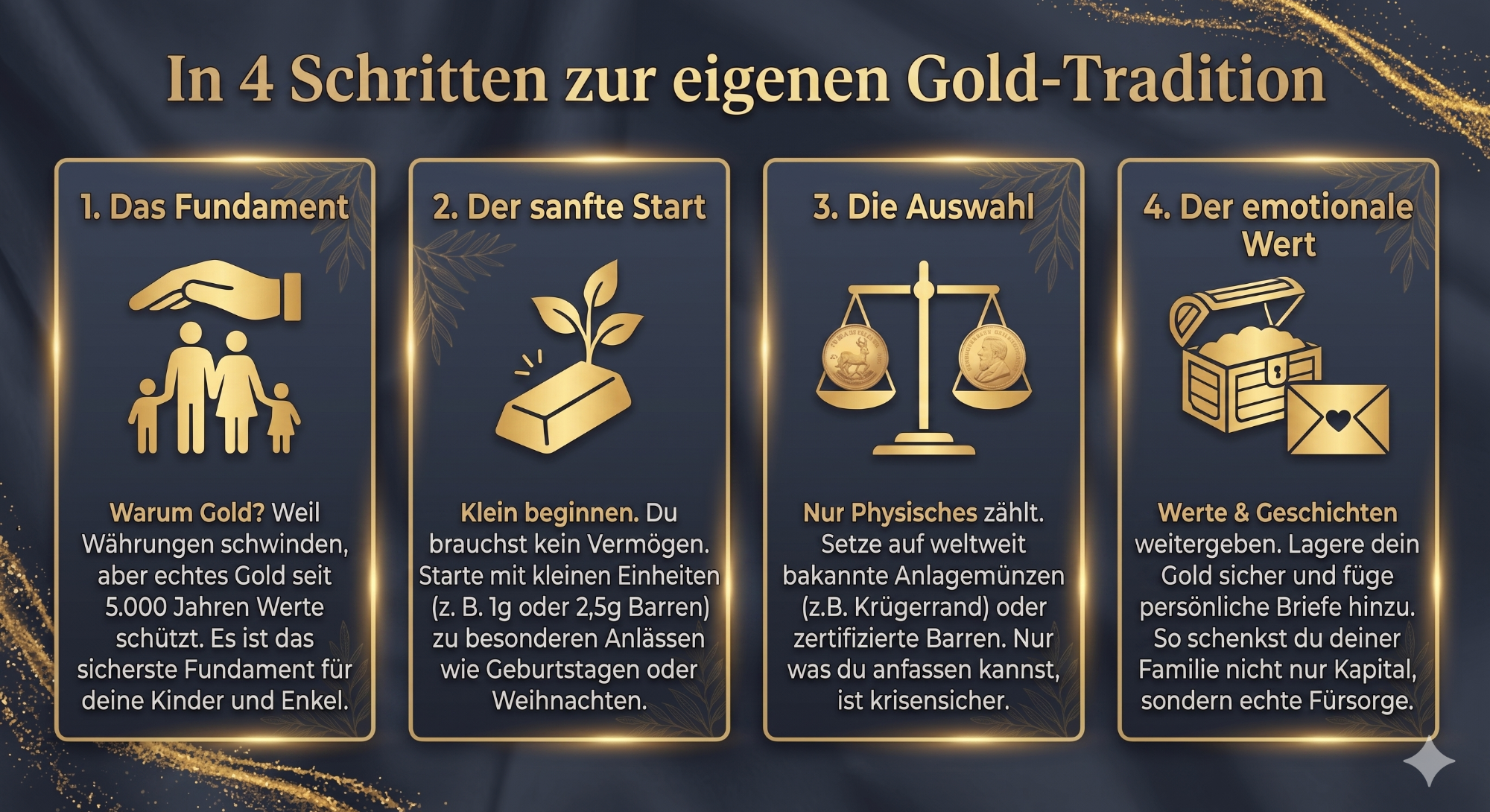 Infografik: In 4 Schritten zur eigenen Gold-Tradition. Übersichtliche Infografik mit vier goldenen Boxen, die die Schritte zum Aufbau einer Gold-Tradition für Familien erklären.