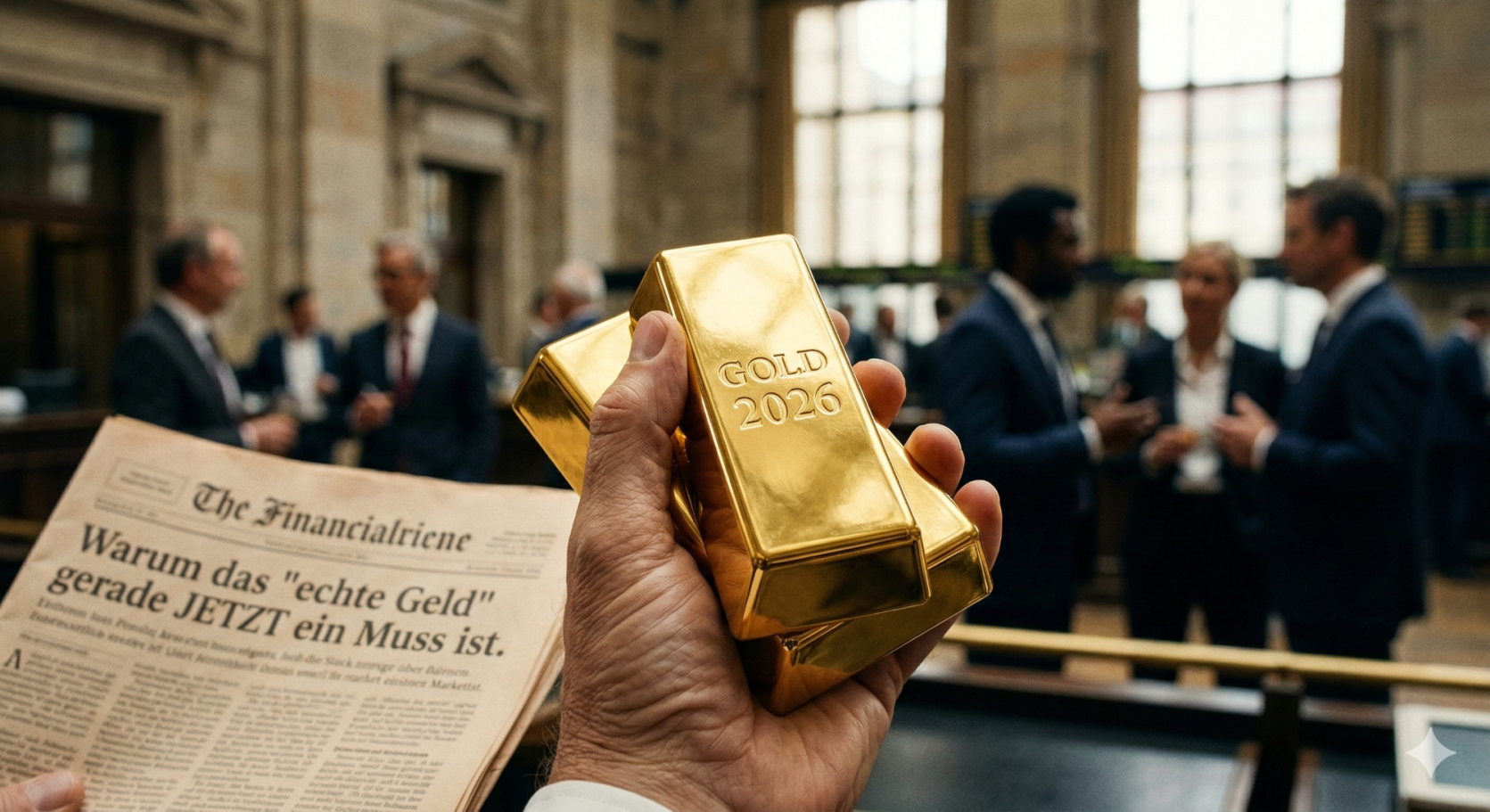 Goldbarren in Hand, umgeben von Menschen in Anzug und einer Zeitung im Vordergrund.