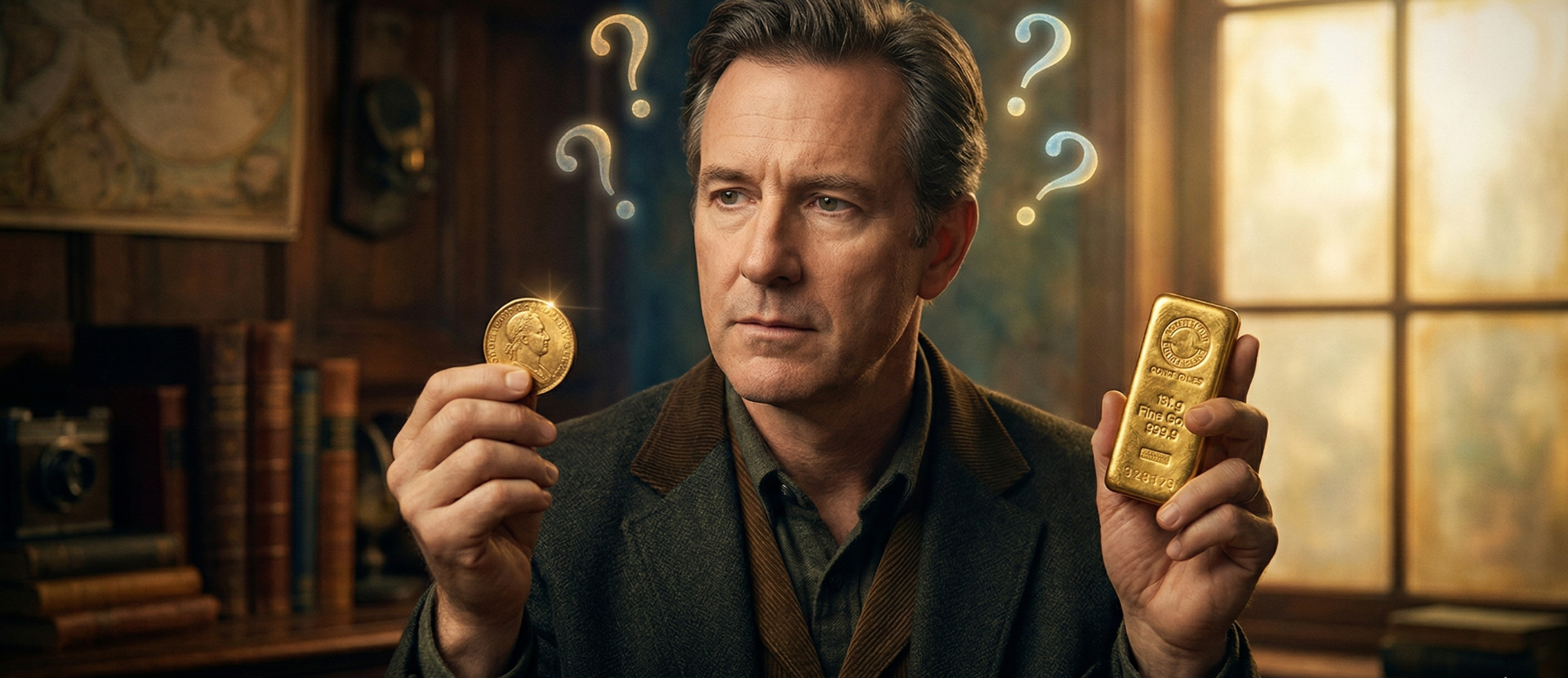 Mann hält zwei Goldbarren und schaut nachdenklich mit Fragezeichen im Hintergrund.