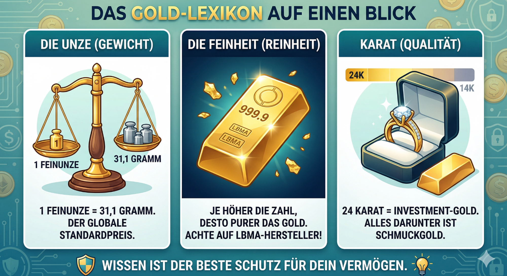 Die Gold-Lexikon Übersicht: Gewicht, Reinheit und Karat-Qualität des Goldes.