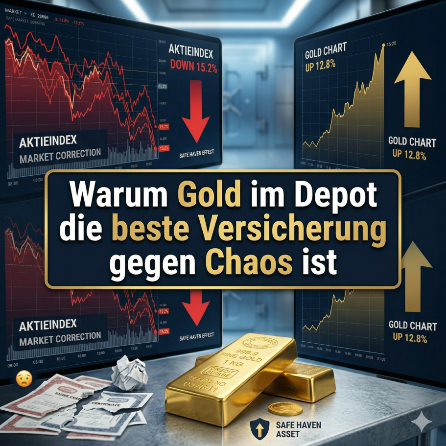 Grafik zur Geldanlage: Gold als Schutz gegen Marktchaos und fallende Aktienkurse.