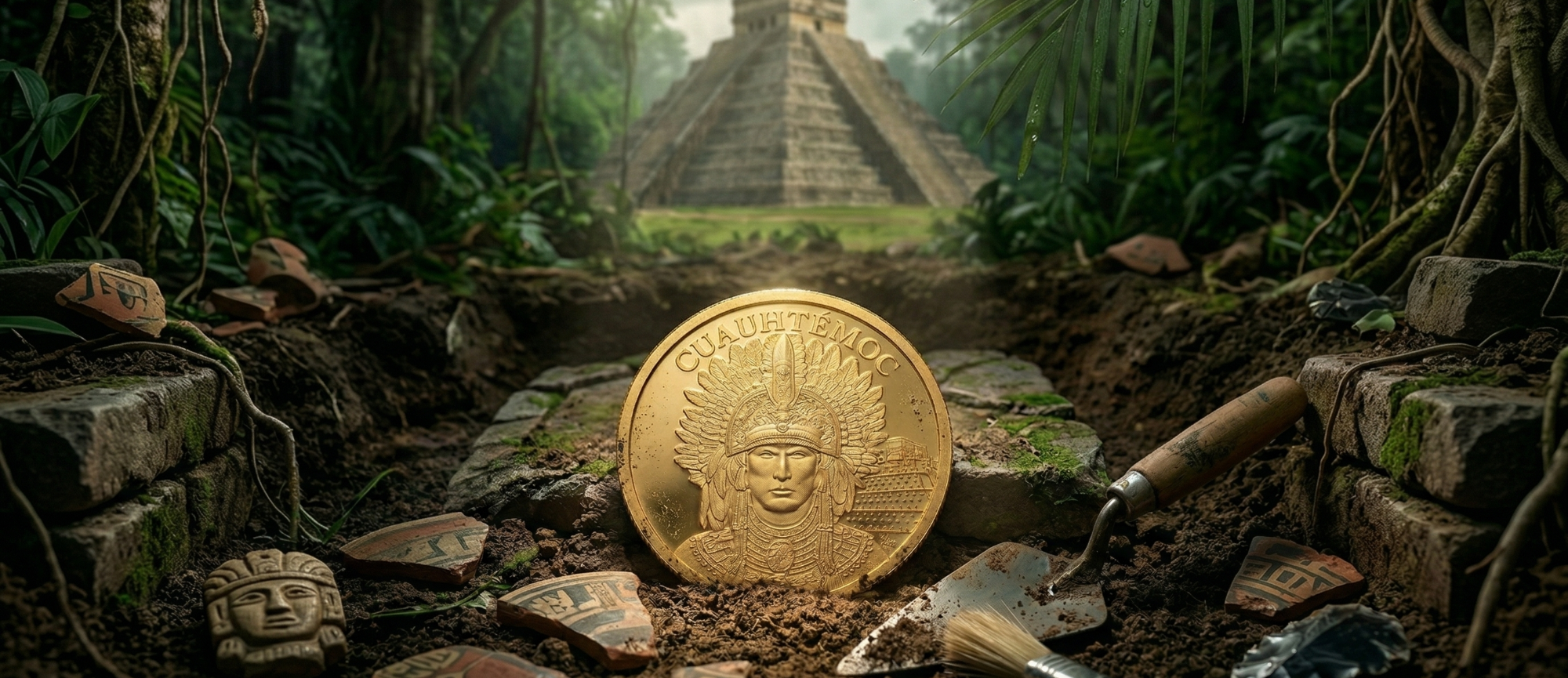 Goldmünze liegt auf einem antiken Pflasterweg, im Hintergrund ein Maya-Tempel in einem Dschungel.
