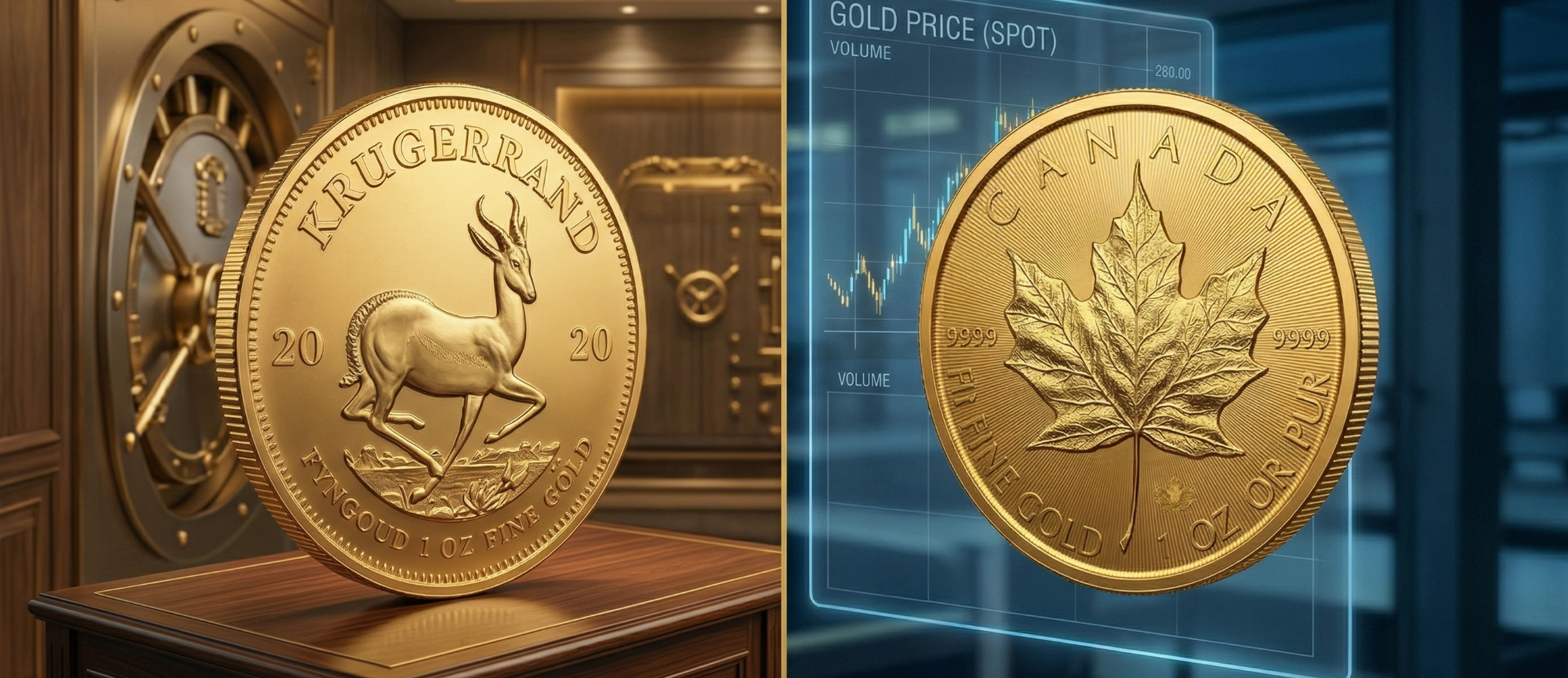 Goldene Münze mit einem Reh auf der linken Seite und einem Ahornblatt auf der rechten Seite.