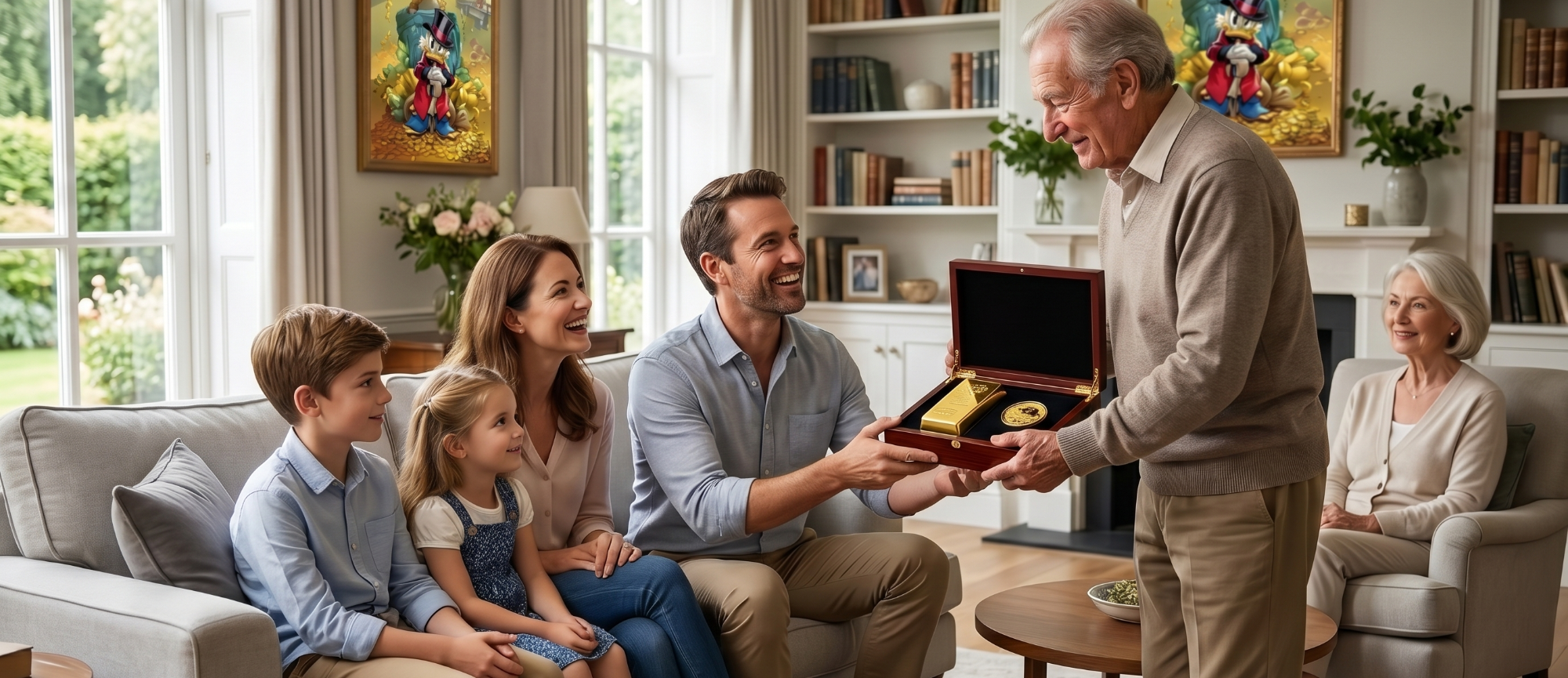 generationen-und-gold:-die-übergabe-eines-erbes Ein Großvater überreicht seinem Sohn eine Goldsammlung in einer Holzbox, umgeben von der Familie im Wohnzimmer.