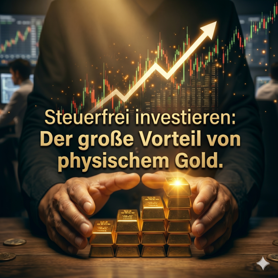 Lektion 39. Hände halten goldene Baren, mit einem Diagramm, das einen Anstieg zeigt. Text über physisches Gold.