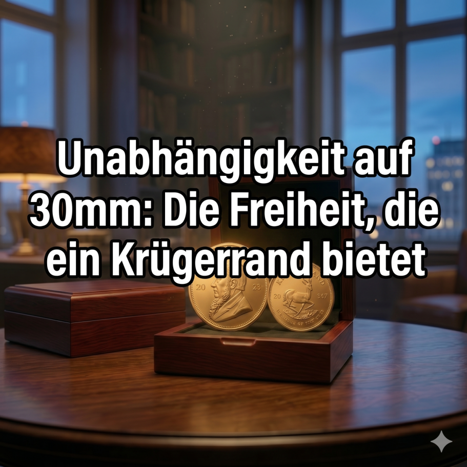 Lektion 57. Holzbox mit zwei Gold Münzen Krügerrand auf einem Runden Holztisch in einem Büro mit Aussicht auf die Stadt.